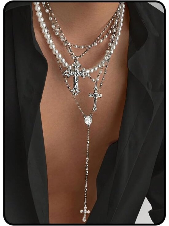 Jewelry - Silver Layered Cross Necklace Set For Women, 4Pcs Pearl Rosary Choker Chunky Chr